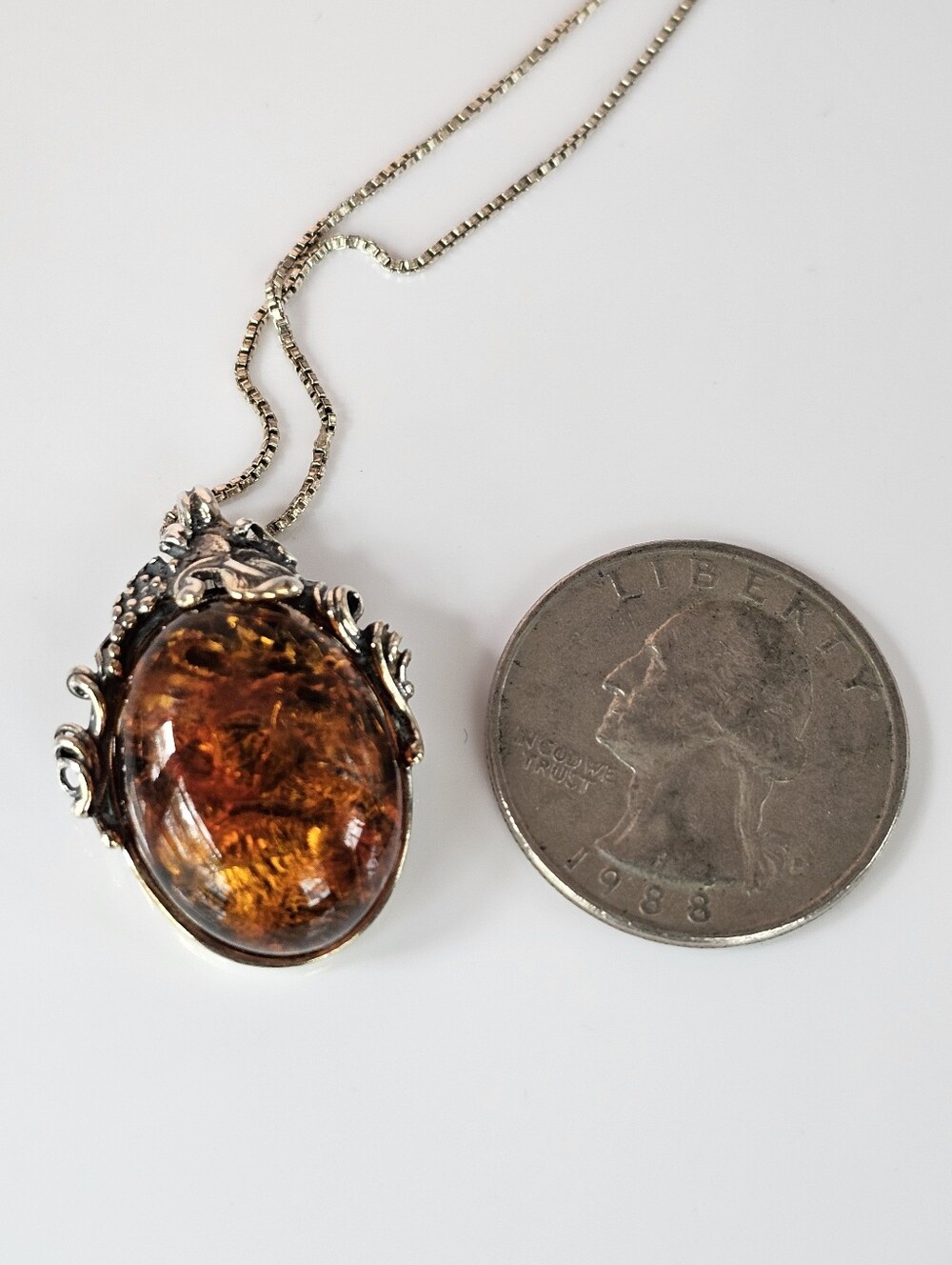 Vintage Polish Valerio Baltic Amber Pendant & Sterling Silver Box Chain 18" - Picture 12 of 12
